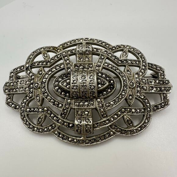 Antique Art Deco 1920s 1930s sterling silver genuine marcasite pin brooch - Picture 2 of 10